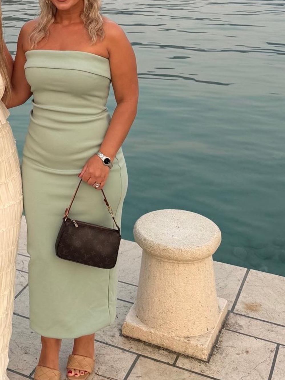 Aritzia Strapless Sage Green Cowl-Neck Midi Dress